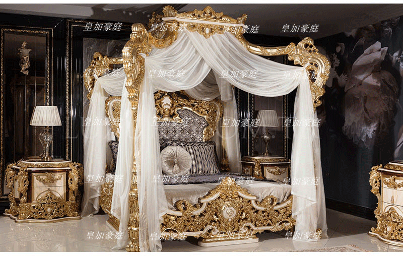 Giường cung điện Pháp gỗ nguyên khối chạm khắc tán giường Châu Âu sang trọng phòng ngủ chính 1.8m biệt thự cao cấp tùy biến
