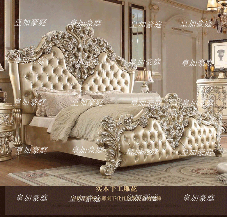 Giường cung điện sang trọng chắc chắn khắc gỗ biệt thự phòng ngủ chính giường đôi Pháp quý phái giường da tùy chỉnh