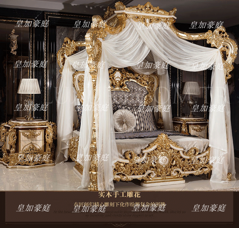 Giường cung điện Pháp gỗ nguyên khối chạm khắc tán giường Châu Âu sang trọng phòng ngủ chính 1.8m biệt thự cao cấp tùy biến