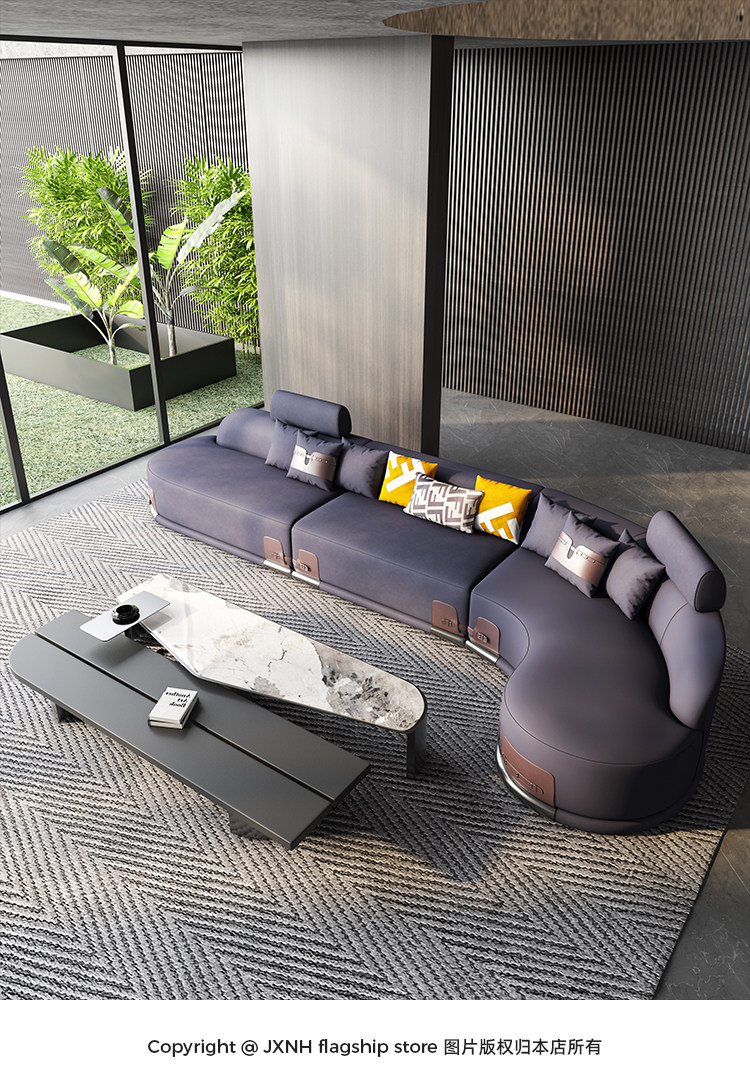 Sofa da sang trọng nhẹ của Ý da bò lớp đầu tiên đơn giản, hiện đại, thiết kế cong sofa phòng khách căn hộ lớn kết hợp
