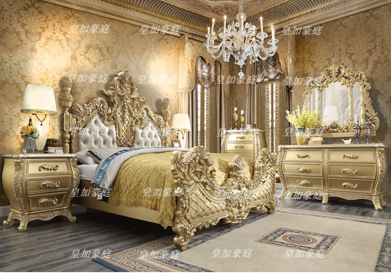 Giường Châu Âu sang trọng bằng gỗ nguyên khối giường đôi nội thất phòng ngủ chính tùy chỉnh cung điện Pháp gỗ nguyên khối chạm khắc giường cưới