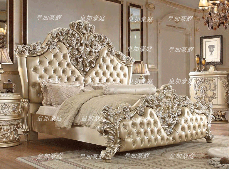 Giường cung điện sang trọng chắc chắn khắc gỗ biệt thự phòng ngủ chính giường đôi Pháp quý phái giường da tùy chỉnh
