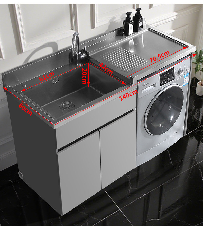 Tủ máy giặt bằng thép không gỉ 304 tùy chỉnh, bồn rửa tích hợp, tủ phòng tắm, tủ giặt ban công có bàn giặt