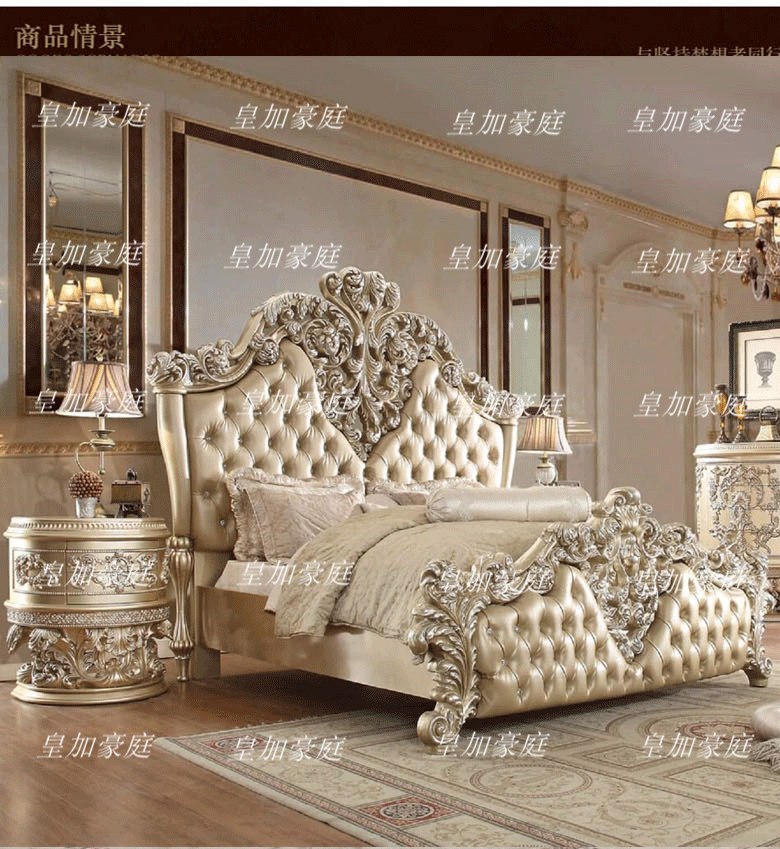 Giường cung điện sang trọng chắc chắn khắc gỗ biệt thự phòng ngủ chính giường đôi Pháp quý phái giường da tùy chỉnh