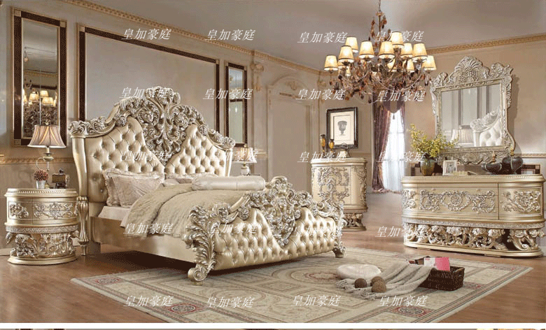 Giường cung điện sang trọng chắc chắn khắc gỗ biệt thự phòng ngủ chính giường đôi Pháp quý phái giường da tùy chỉnh