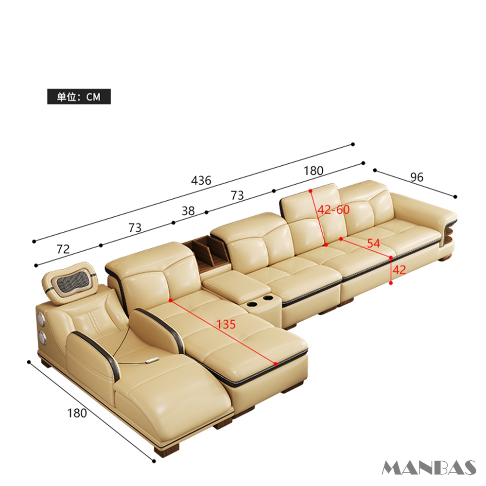 Sofa da thật hình chữ L sang trọng có loa Bluetooth – Ghế sofa da Ý phòng khách MANBAS có massage