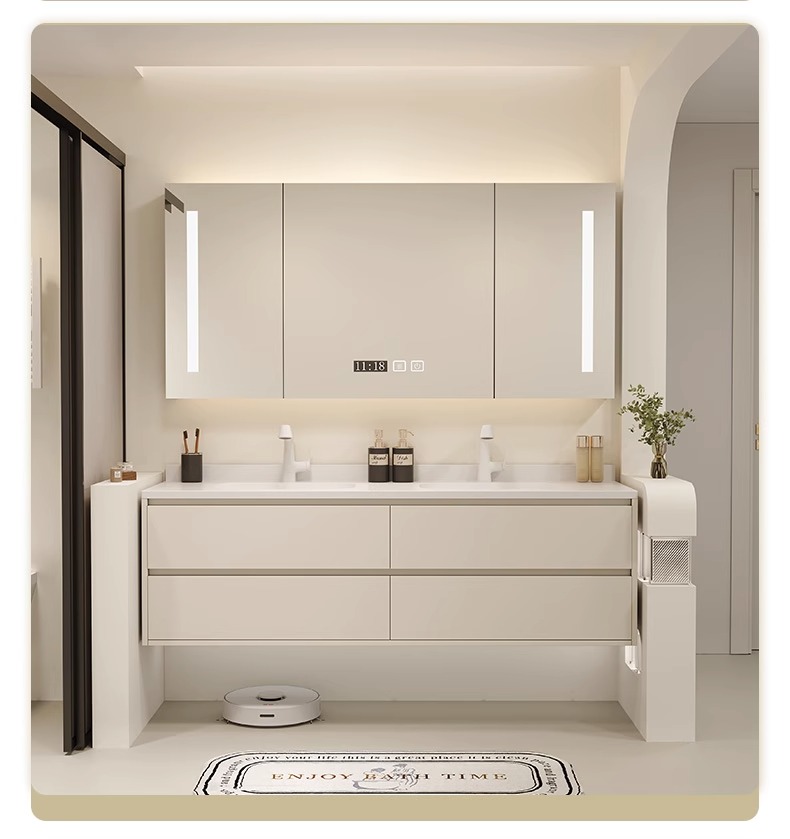 Tủ phòng tắm Nội thất thông minh Phong cách kem Ánh sáng sang trọng Bảng đá Chậu rửa mặt Liền mạch Rửa tay bằng gốm sứ Mặt tủ