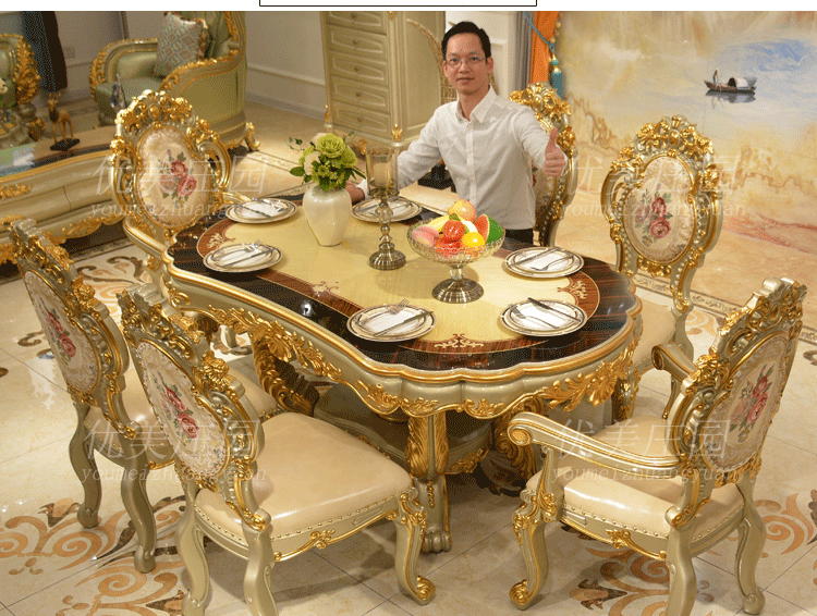 Bàn ăn hình bầu dục phong cách Châu Âu hình chữ nhật gỗ nguyên khối 1,8 m Biệt thự Pháp bàn ăn mặt gỗ sang trọng Nội thất 2 M