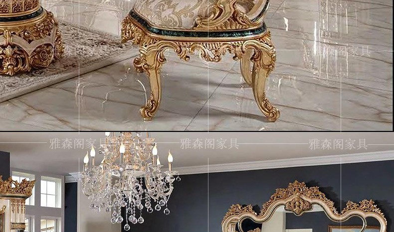 Bàn ghế ăn vải chạm khắc gỗ nguyên khối của Pháp kết hợp biệt thự Châu Âu hình chữ nhật 1 bàn 8 ghế sang trọng trọn bộ