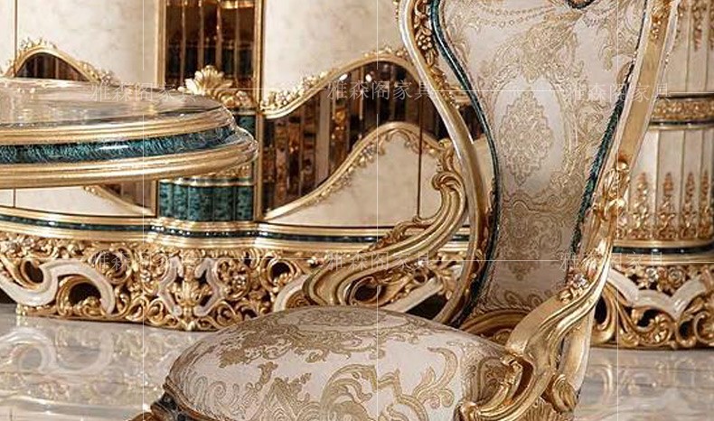 Bàn ghế ăn vải chạm khắc gỗ nguyên khối của Pháp kết hợp biệt thự Châu Âu hình chữ nhật 1 bàn 8 ghế sang trọng trọn bộ