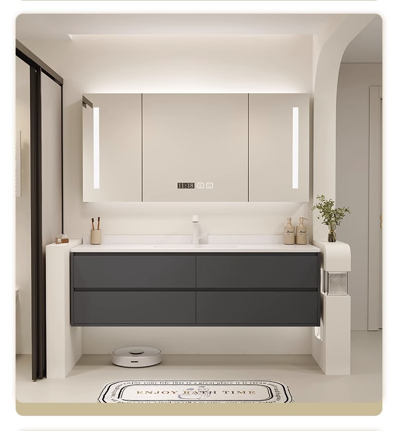 Tủ phòng tắm Nội thất thông minh Phong cách kem Ánh sáng sang trọng Bảng đá Chậu rửa mặt Liền mạch Rửa tay bằng gốm sứ Mặt tủ