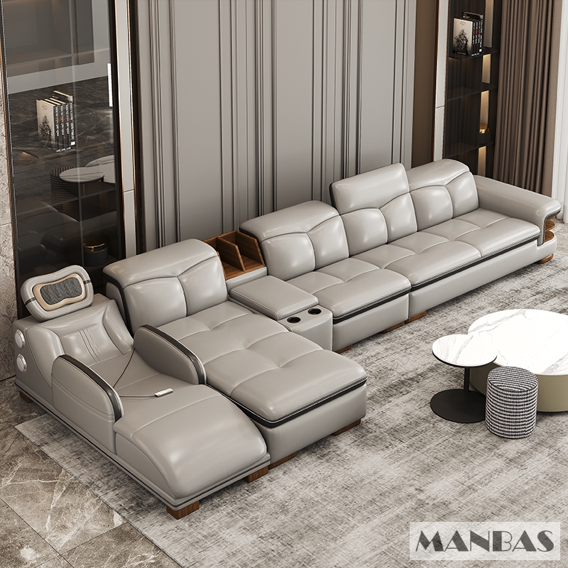 Sofa da thật hình chữ L sang trọng có loa Bluetooth – Ghế sofa da Ý phòng khách MANBAS có massage
