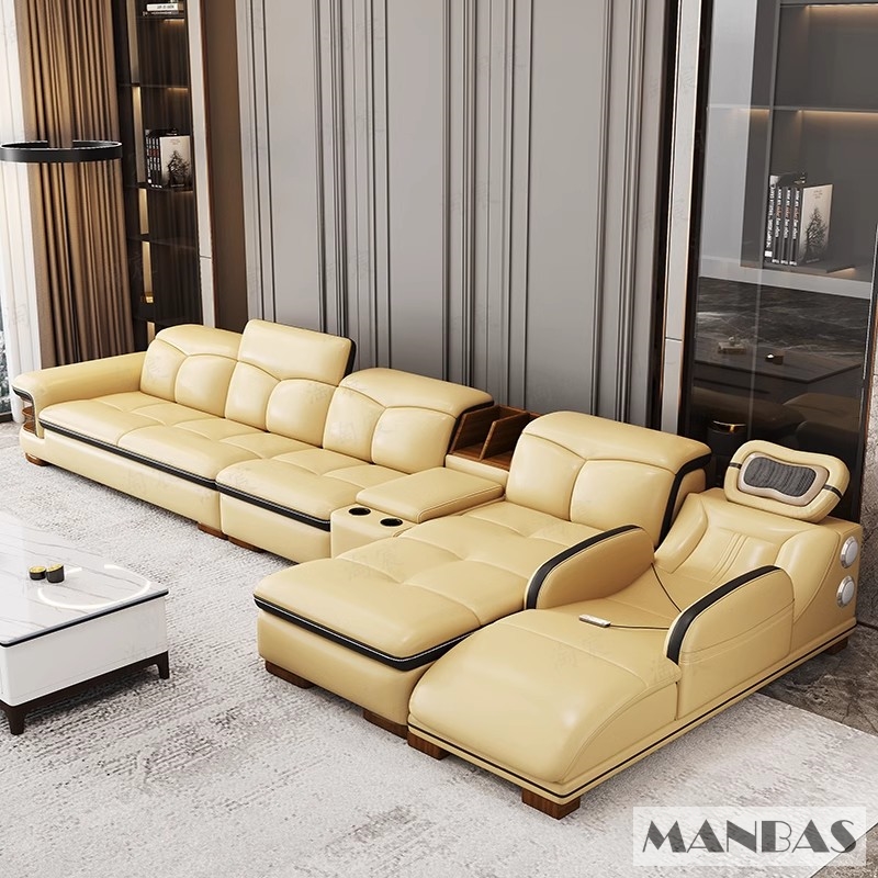Sofa da thật hình chữ L sang trọng có loa Bluetooth – Ghế sofa da Ý phòng khách MANBAS có massage