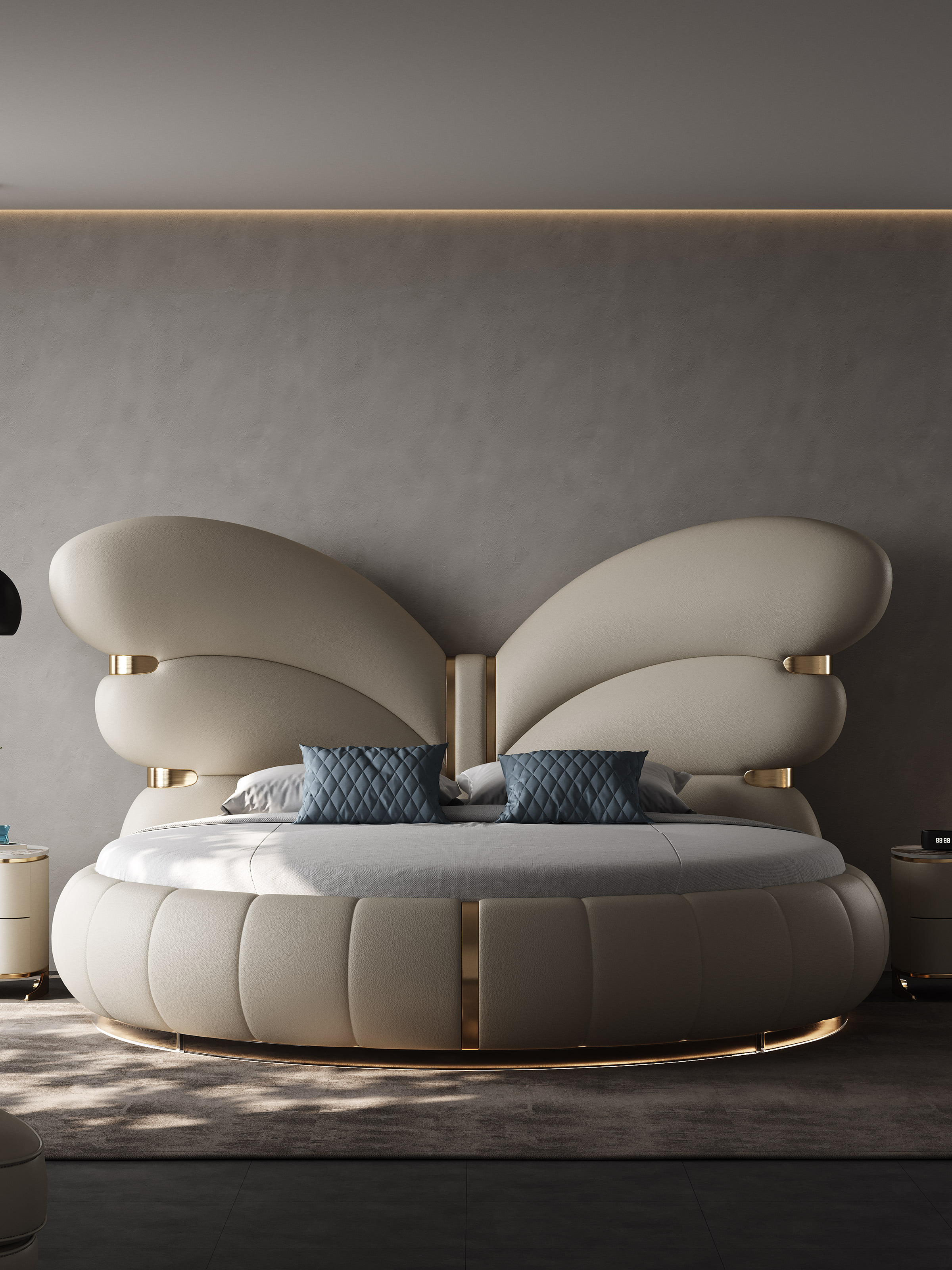 Giường da sang trọng, nhẹ nhàng hiện đại của Ý Phòng ngủ Master Deluxe Giường tròn lớn 2 mét Giường đôi