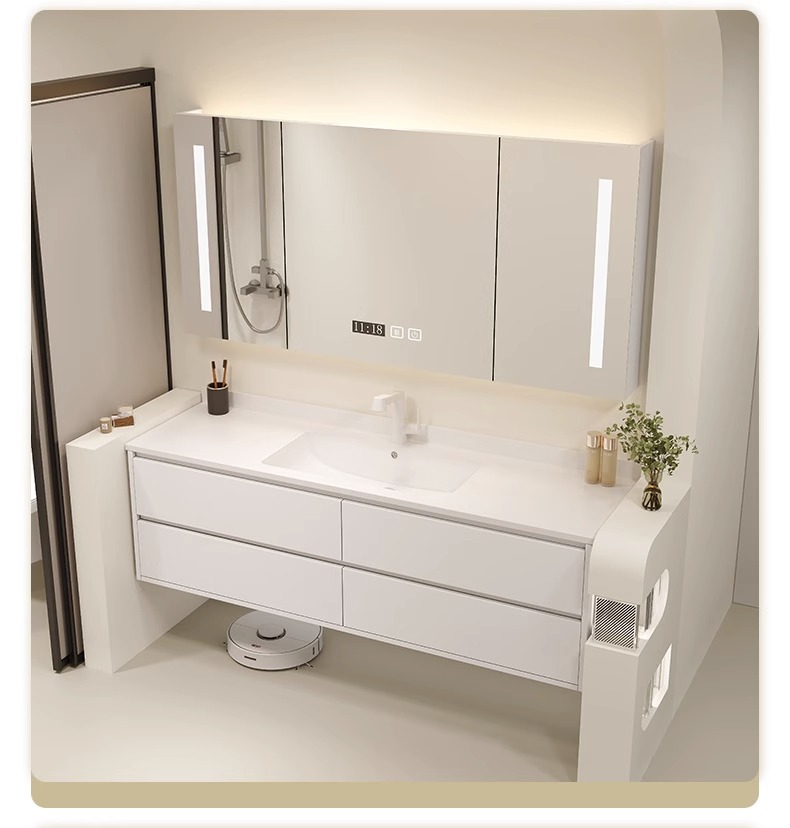 Tủ phòng tắm Nội thất thông minh Phong cách kem Ánh sáng sang trọng Bảng đá Chậu rửa mặt Liền mạch Rửa tay bằng gốm sứ Mặt tủ