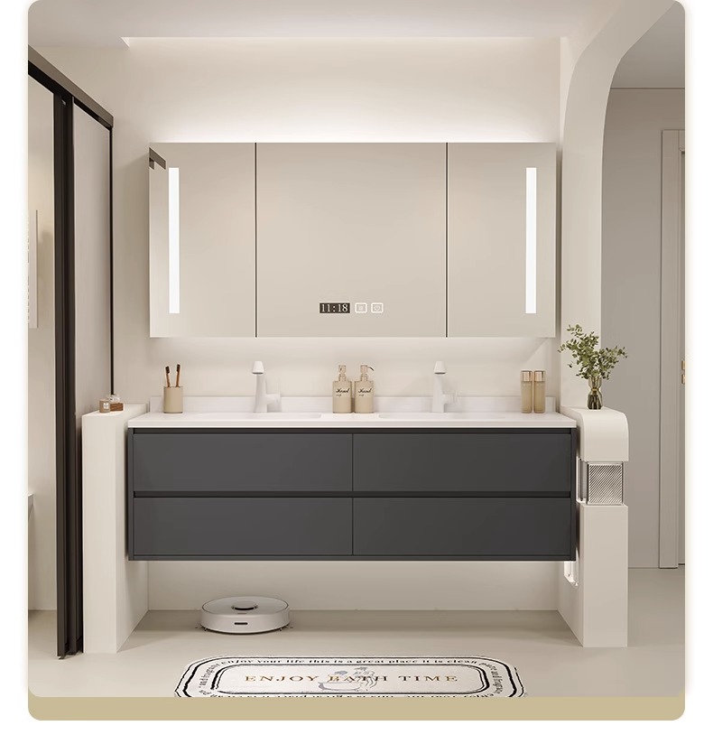 Tủ phòng tắm Nội thất thông minh Phong cách kem Ánh sáng sang trọng Bảng đá Chậu rửa mặt Liền mạch Rửa tay bằng gốm sứ Mặt tủ