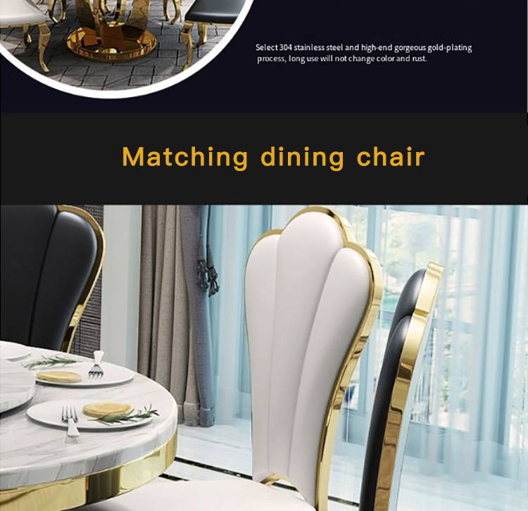 Bộ bàn ăn tròn màu đen Bộ 6 ghế Bàn xoay Nhà hàng lớn Hiện đại Thép không gỉ đơn giản Mesa Comedor Nội thất