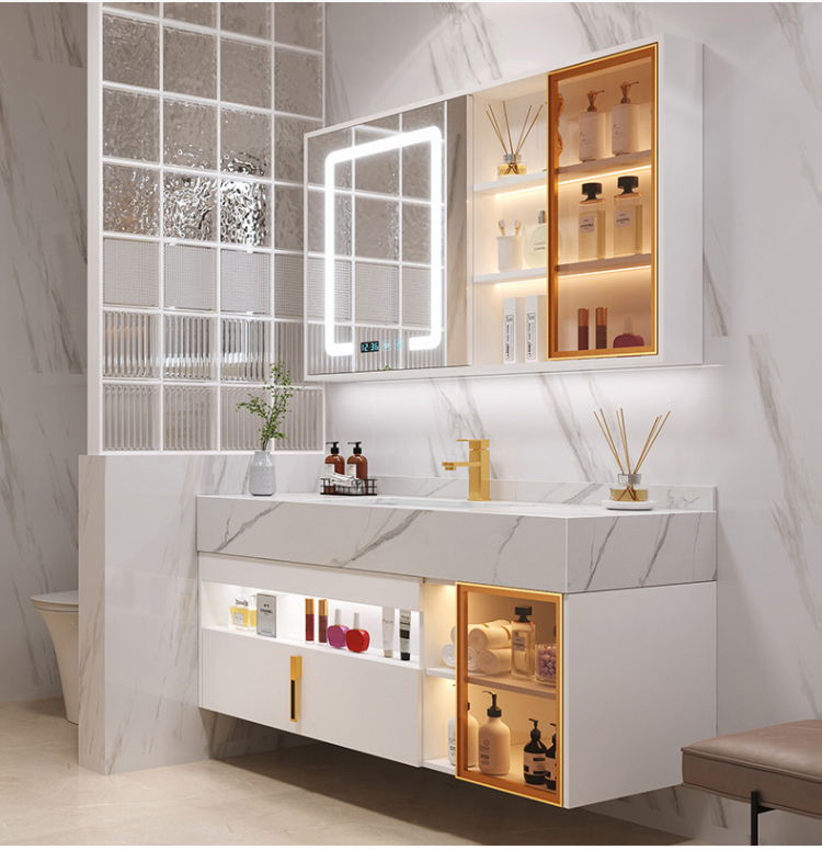 Ánh sáng mới Sang trọng Đá phiến Tủ phòng tắm Cảm ứng thông minh Chậu rửa đôi Bộ đầy đủ Nội thất gỗ nguyên khối Bàn rửa tùy chỉnh