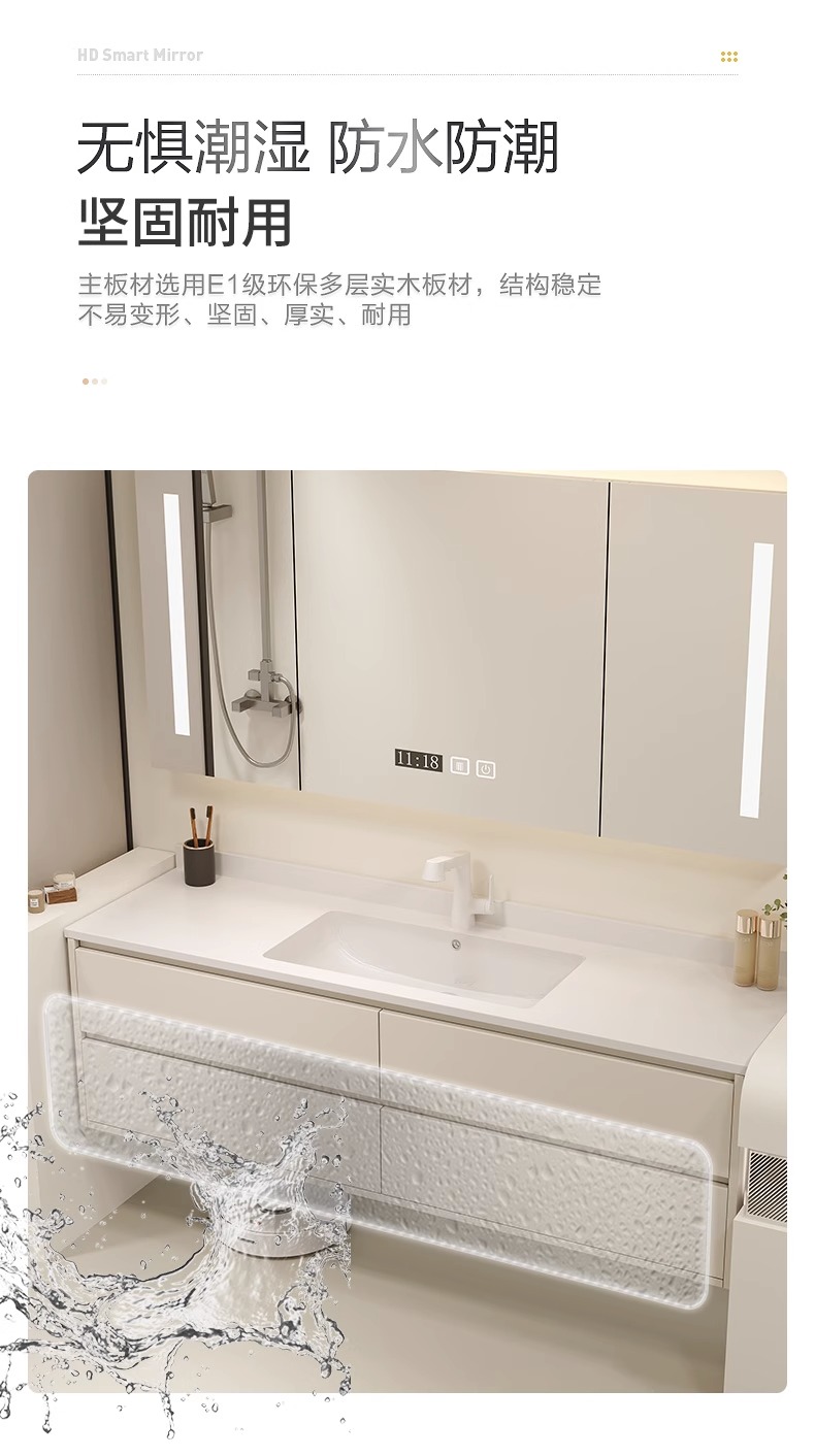 Tủ phòng tắm Nội thất thông minh Phong cách kem Ánh sáng sang trọng Bảng đá Chậu rửa mặt Liền mạch Rửa tay bằng gốm sứ Mặt tủ