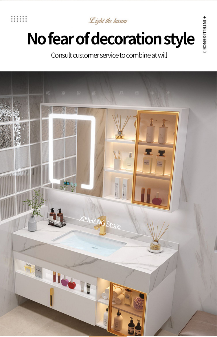 Ánh sáng mới Sang trọng Đá phiến Tủ phòng tắm Cảm ứng thông minh Chậu rửa đôi Bộ đầy đủ Nội thất gỗ nguyên khối Bàn rửa tùy chỉnh