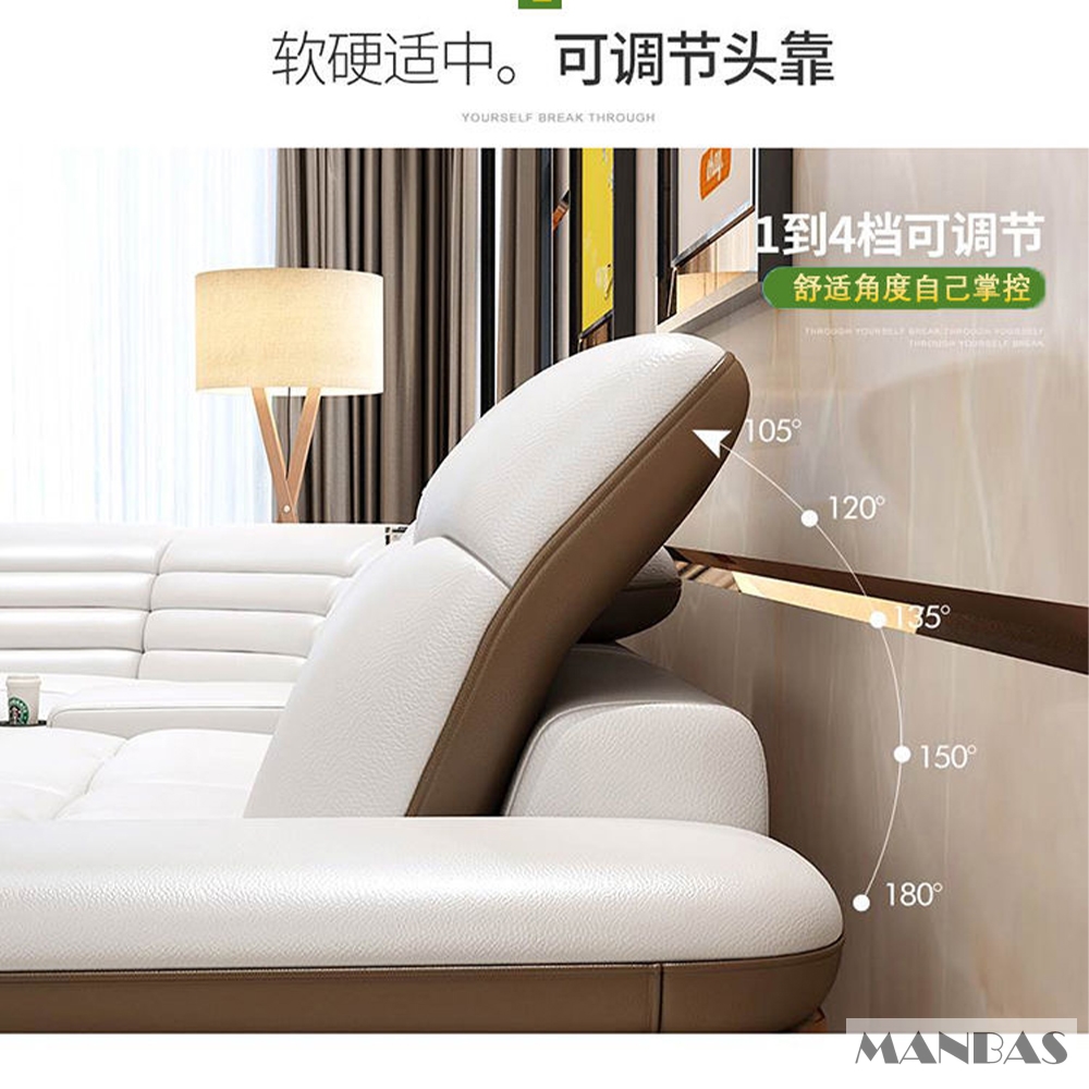 Sofa da thật hình chữ L sang trọng có loa Bluetooth – Ghế sofa da Ý phòng khách MANBAS có massage
