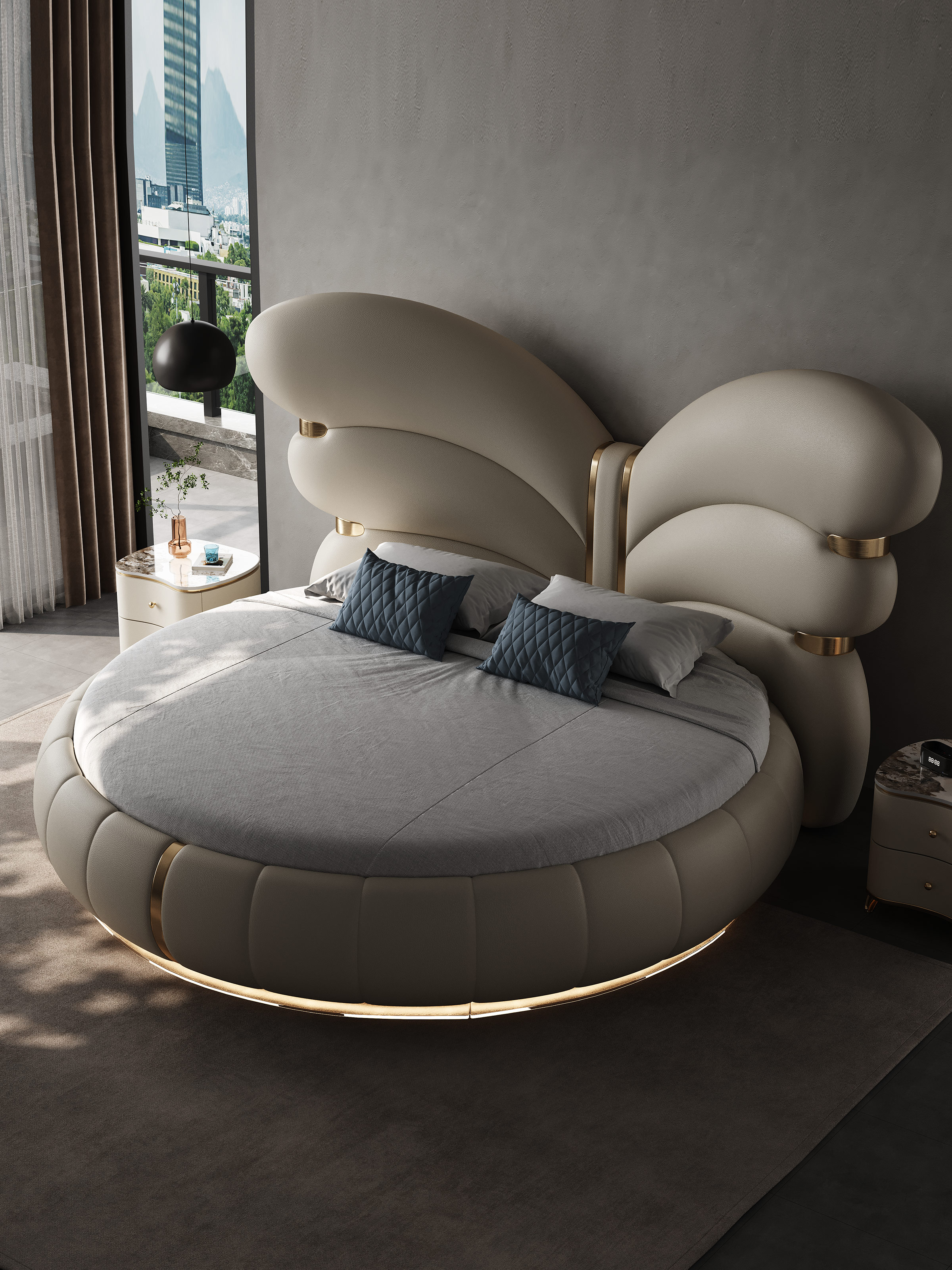 Giường da sang trọng, nhẹ nhàng hiện đại của Ý Phòng ngủ Master Deluxe Giường tròn lớn 2 mét Giường đôi