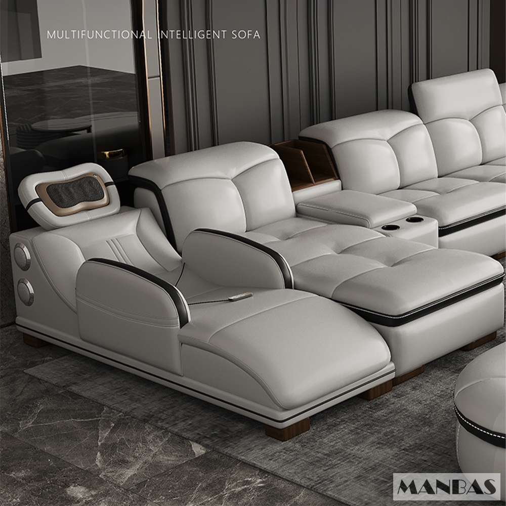Sofa da thật hình chữ L sang trọng có loa Bluetooth – Ghế sofa da Ý phòng khách MANBAS có massage
