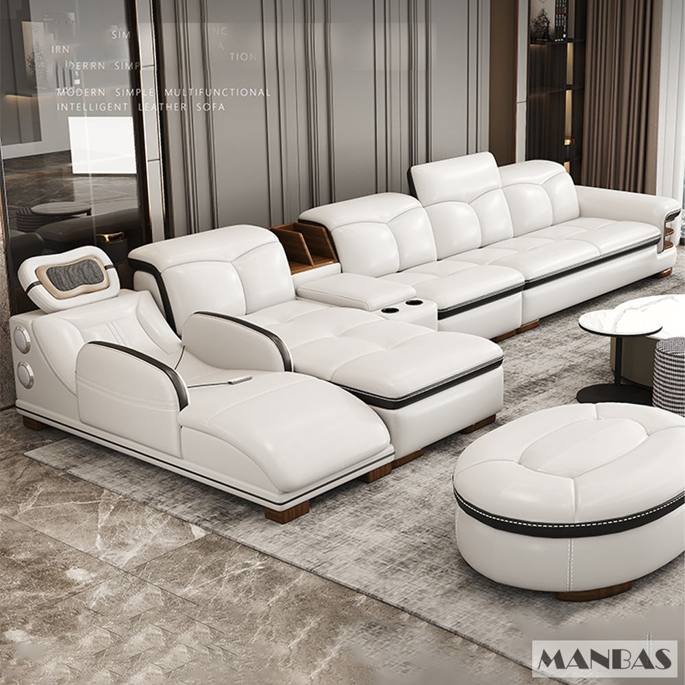 Sofa da thật hình chữ L sang trọng có loa Bluetooth – Ghế sofa da Ý phòng khách MANBAS có massage