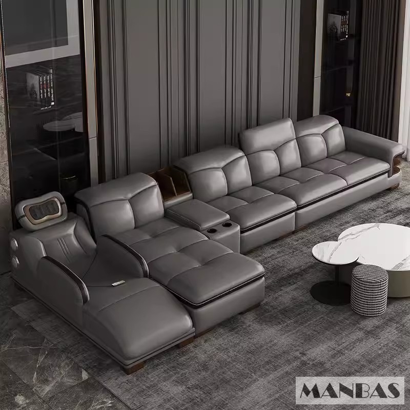 Sofa da thật hình chữ L sang trọng có loa Bluetooth – Ghế sofa da Ý phòng khách MANBAS có massage