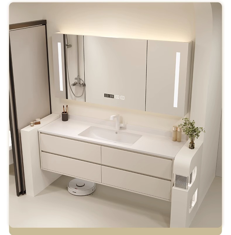 Tủ phòng tắm Nội thất thông minh Phong cách kem Ánh sáng sang trọng Bảng đá Chậu rửa mặt Liền mạch Rửa tay bằng gốm sứ Mặt tủ
