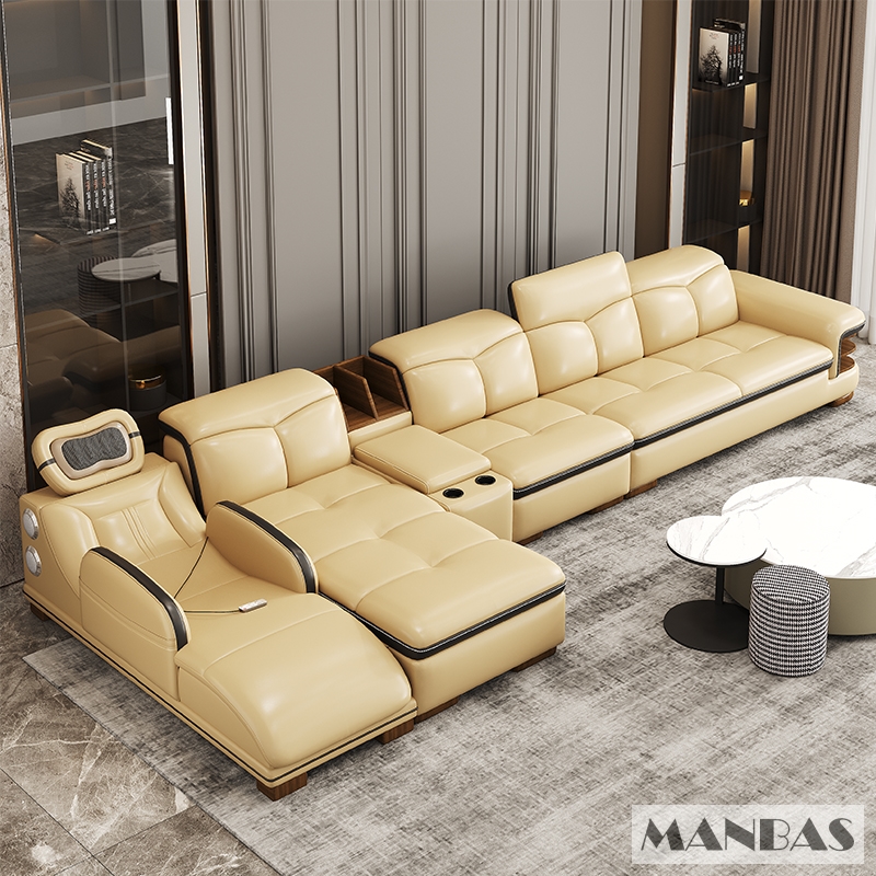 Sofa da thật hình chữ L sang trọng có loa Bluetooth – Ghế sofa da Ý phòng khách MANBAS có massage