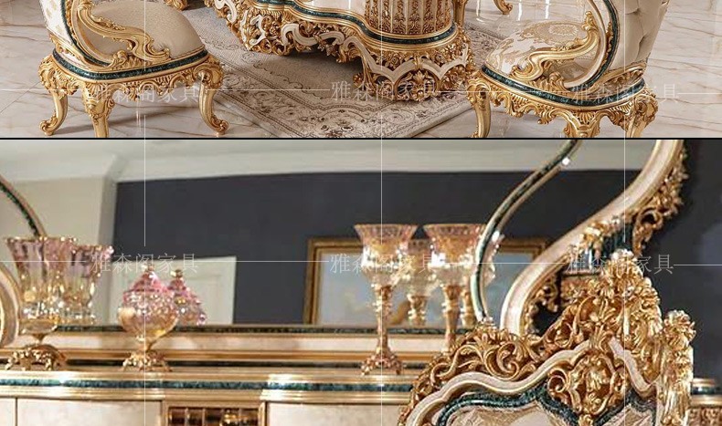 Bàn ghế ăn vải chạm khắc gỗ nguyên khối của Pháp kết hợp biệt thự Châu Âu hình chữ nhật 1 bàn 8 ghế sang trọng trọn bộ