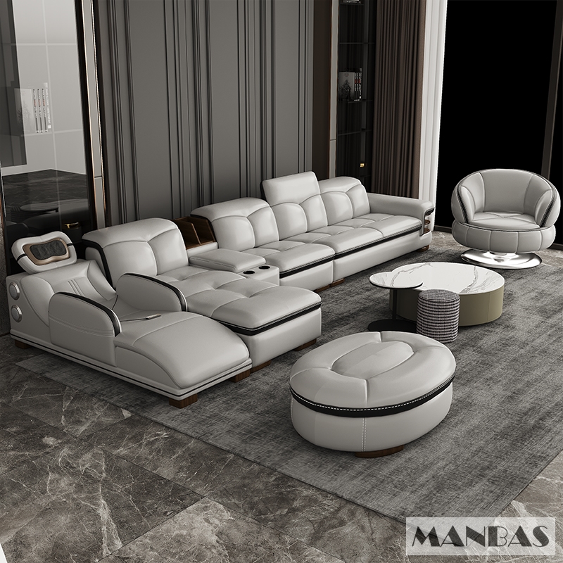 Sofa da thật hình chữ L sang trọng có loa Bluetooth – Ghế sofa da Ý phòng khách MANBAS có massage