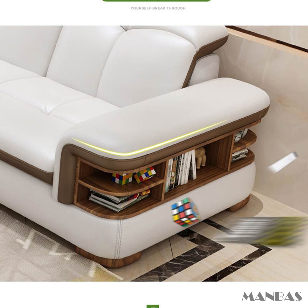 Sofa da thật hình chữ L sang trọng có loa Bluetooth – Ghế sofa da Ý phòng khách MANBAS có massage