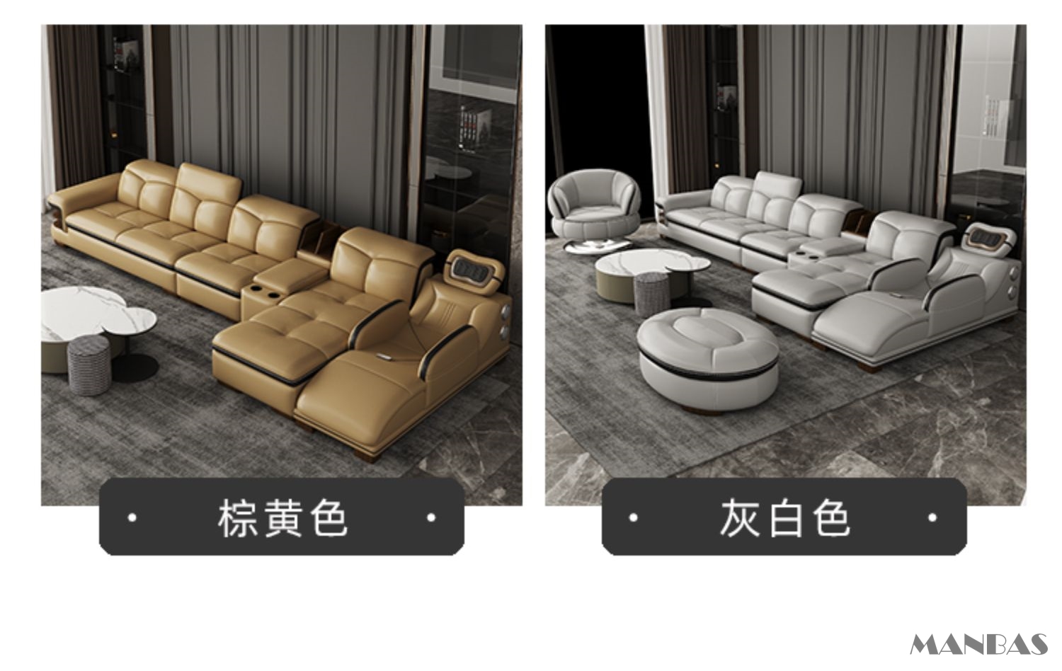 Sofa da thật hình chữ L sang trọng có loa Bluetooth – Ghế sofa da Ý phòng khách MANBAS có massage