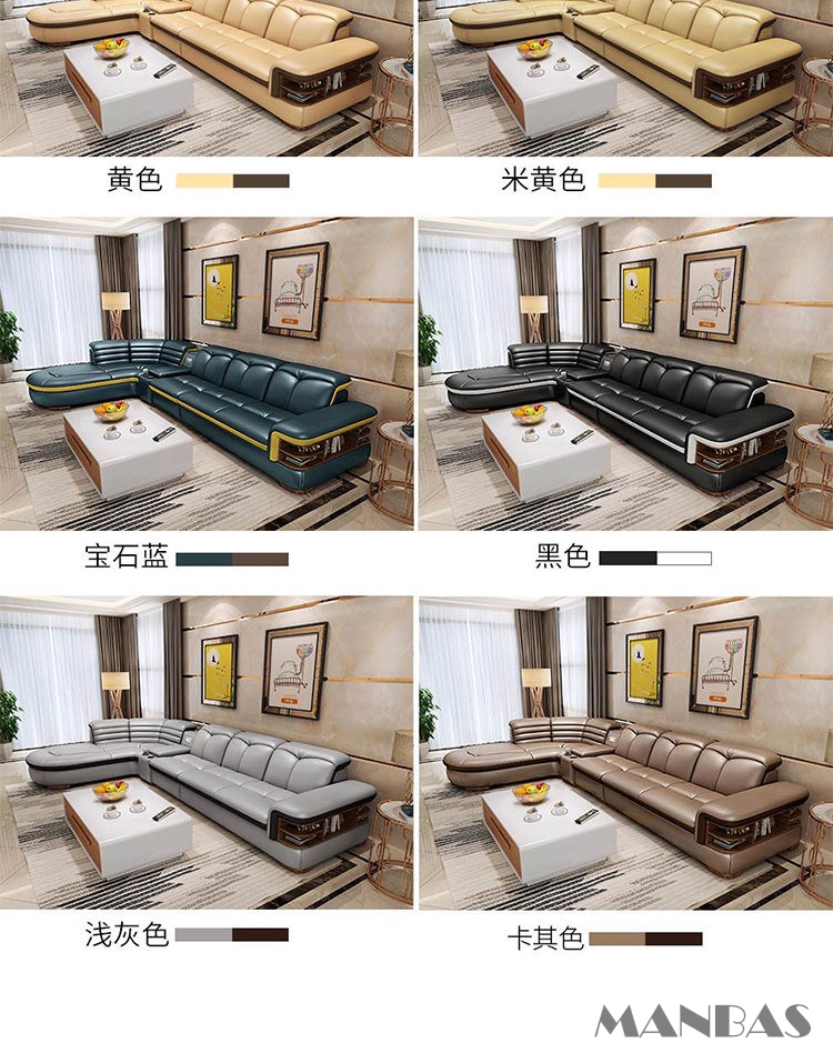Sofa da thật hình chữ L sang trọng có loa Bluetooth – Ghế sofa da Ý phòng khách MANBAS có massage