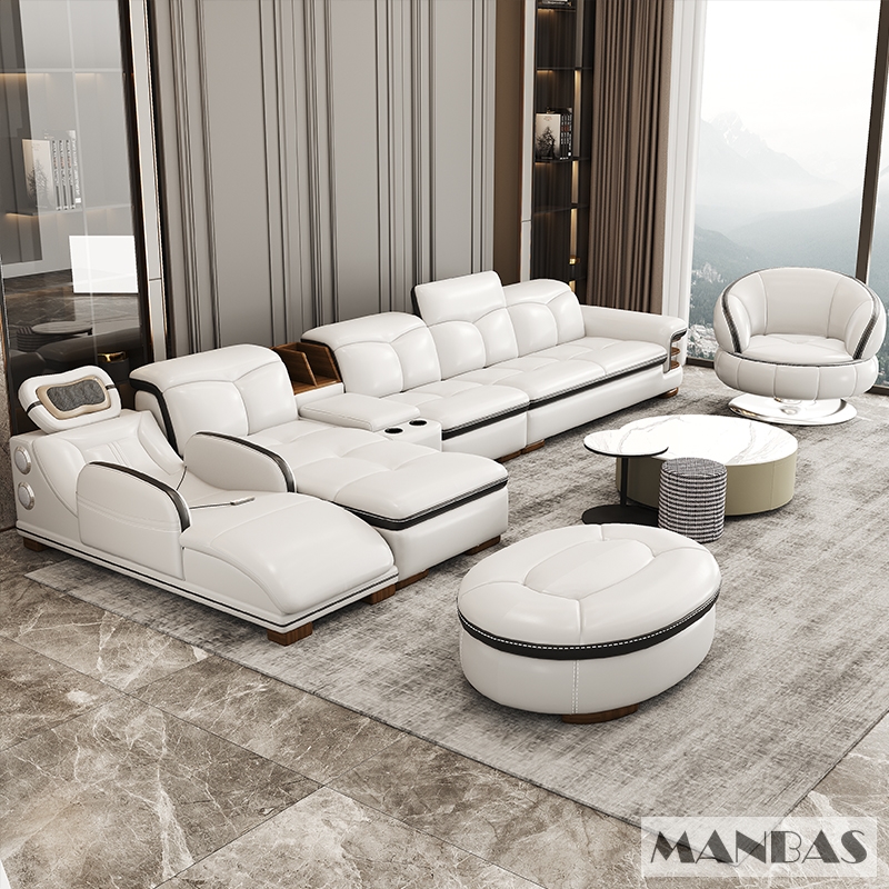 Sofa da thật hình chữ L sang trọng có loa Bluetooth – Ghế sofa da Ý phòng khách MANBAS có massage