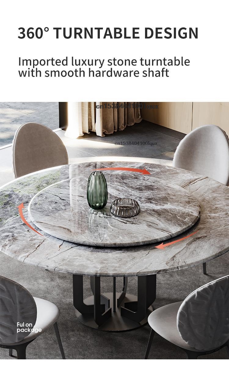 Bộ bàn ghế nhà bếp hiện đại Kết cấu tự nhiên Máy tính để bàn bằng đá cẩm thạch Khung thép carbon đen Bàn ăn tròn có bàn xoay