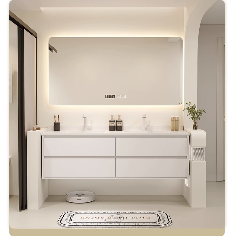 Tủ phòng tắm Nội thất thông minh Phong cách kem Ánh sáng sang trọng Bảng đá Chậu rửa mặt Liền mạch Rửa tay bằng gốm sứ Mặt tủ