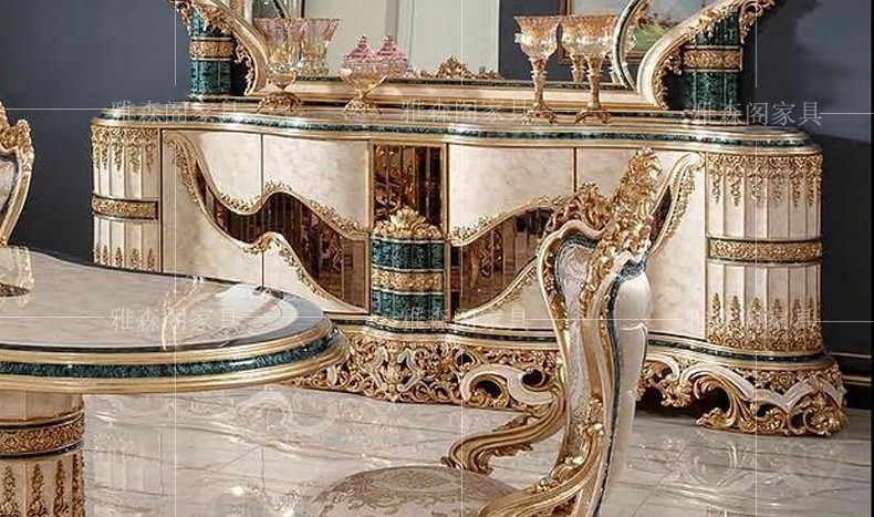 Bàn ghế ăn vải chạm khắc gỗ nguyên khối của Pháp kết hợp biệt thự Châu Âu hình chữ nhật 1 bàn 8 ghế sang trọng trọn bộ