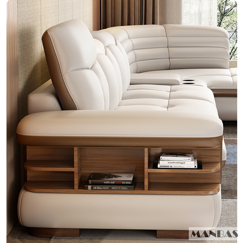 Sofa da thật hình chữ L sang trọng có loa Bluetooth – Ghế sofa da Ý phòng khách MANBAS có massage