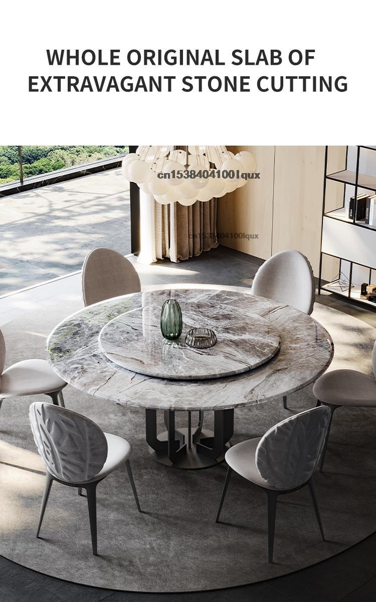 Bộ bàn ghế nhà bếp hiện đại Kết cấu tự nhiên Máy tính để bàn bằng đá cẩm thạch Khung thép carbon đen Bàn ăn tròn có bàn xoay