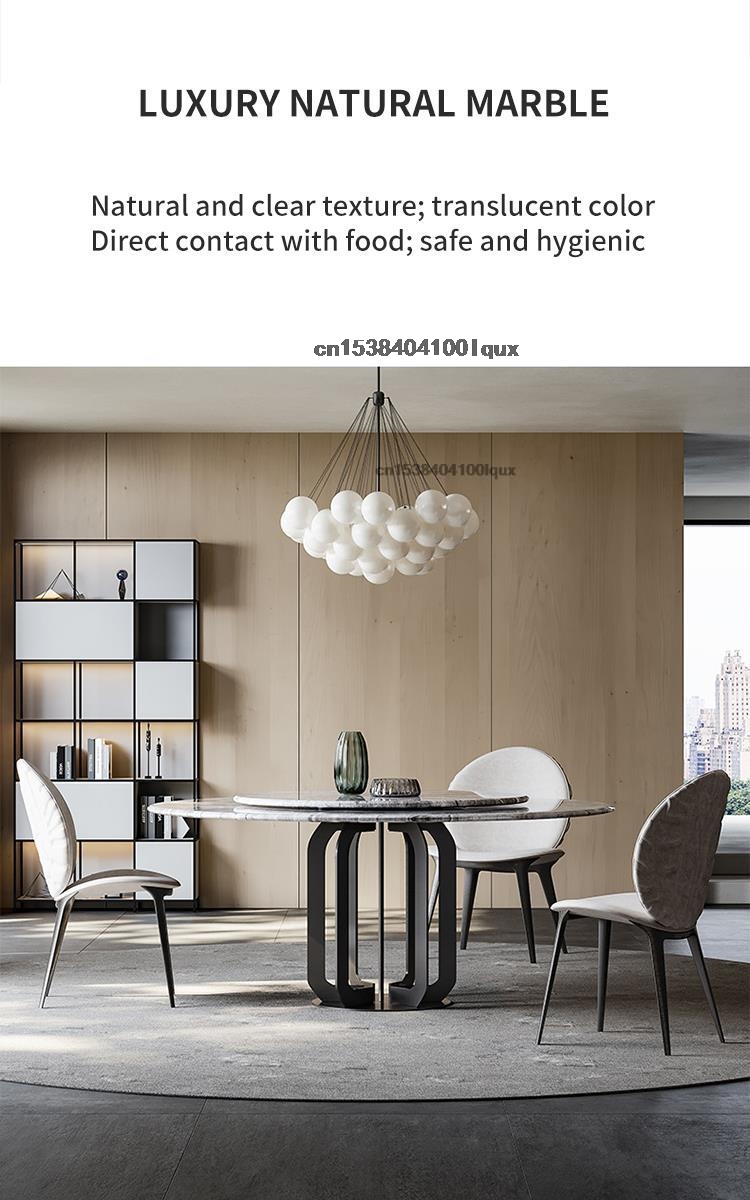 Bộ bàn ghế nhà bếp hiện đại Kết cấu tự nhiên Máy tính để bàn bằng đá cẩm thạch Khung thép carbon đen Bàn ăn tròn có bàn xoay
