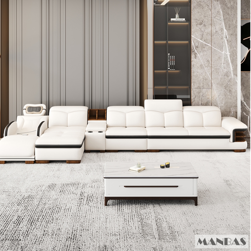 Sofa da thật hình chữ L sang trọng có loa Bluetooth – Ghế sofa da Ý phòng khách MANBAS có massage