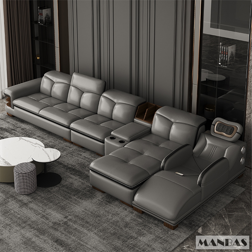Sofa da thật hình chữ L sang trọng có loa Bluetooth – Ghế sofa da Ý phòng khách MANBAS có massage