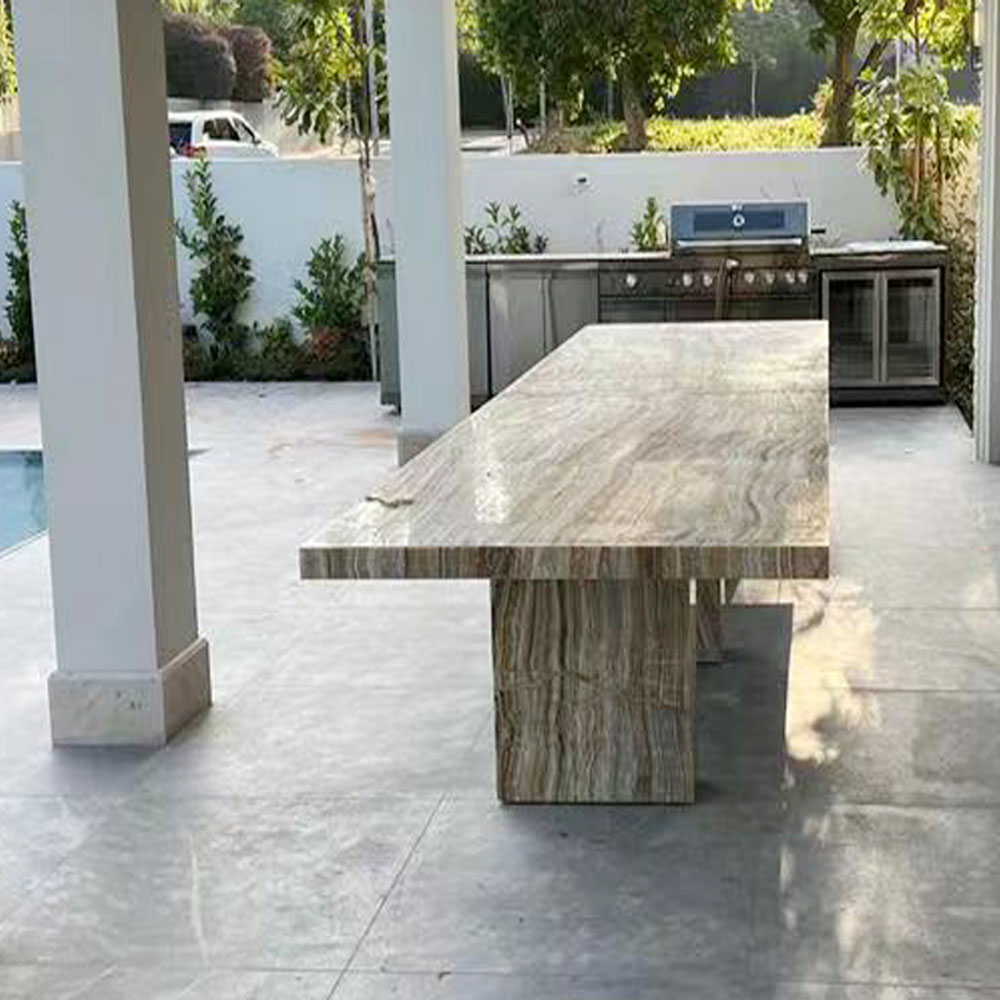 Ngoài trời sang trọng bằng đá cẩm thạch tự nhiên hình chữ nhật 10-12 chỗ Bàn ăn Bộ bàn ăn bằng đá thật