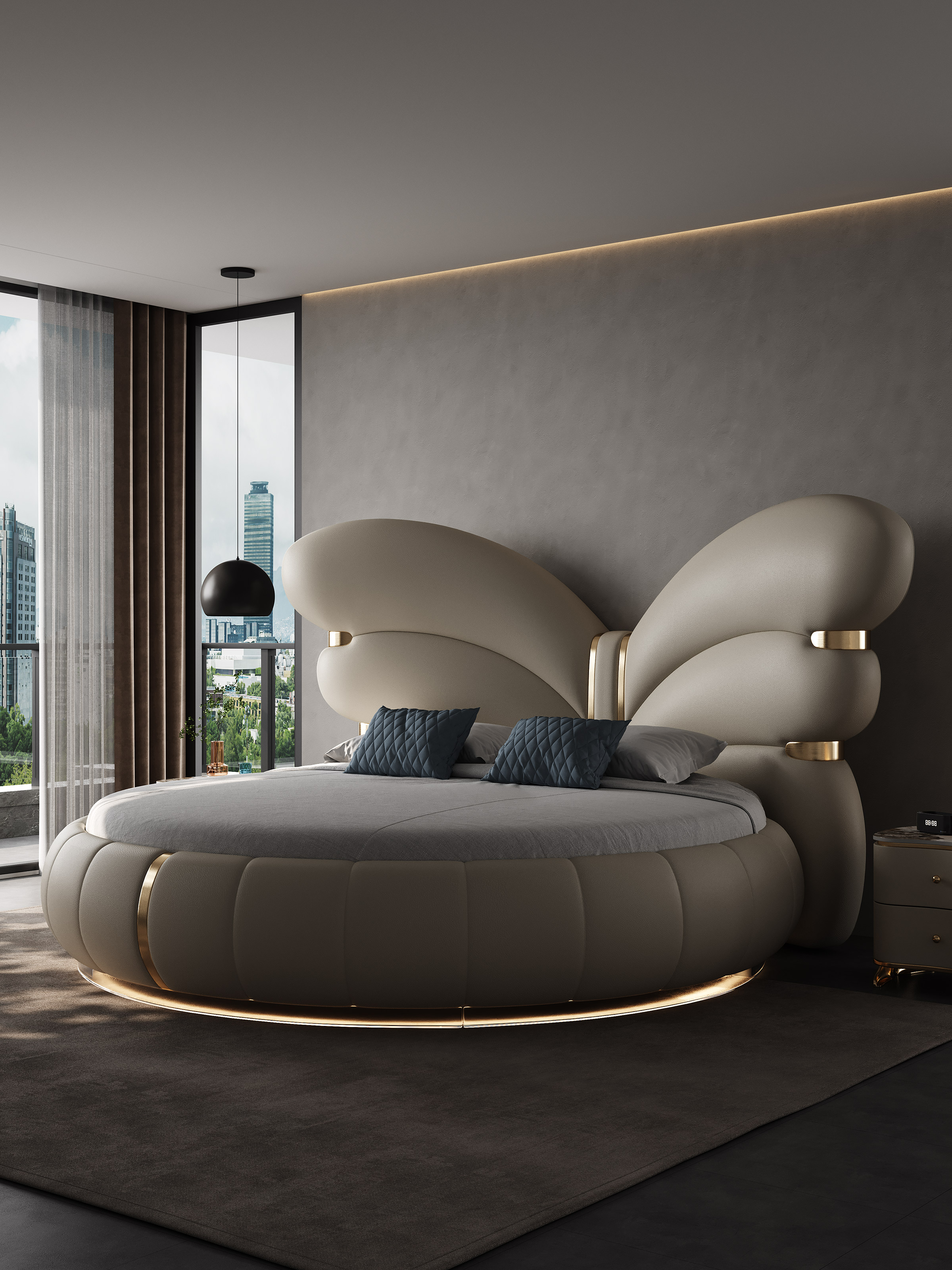 Giường da sang trọng, nhẹ nhàng hiện đại của Ý Phòng ngủ Master Deluxe Giường tròn lớn 2 mét Giường đôi