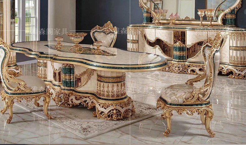 Bàn ghế ăn vải chạm khắc gỗ nguyên khối của Pháp kết hợp biệt thự Châu Âu hình chữ nhật 1 bàn 8 ghế sang trọng trọn bộ