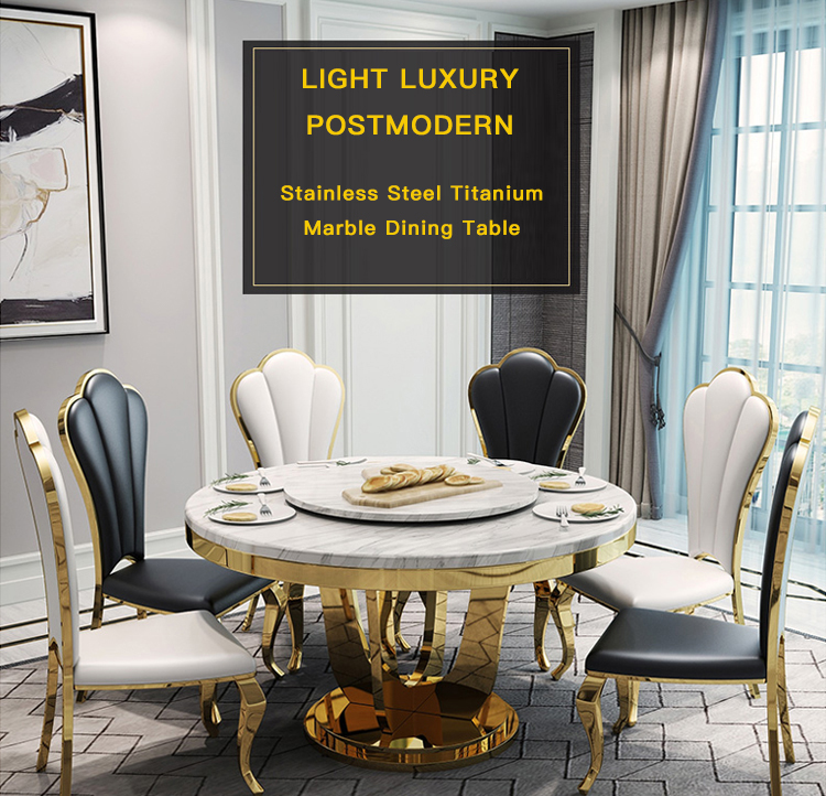 Bộ bàn ăn tròn màu đen Bộ 6 ghế Bàn xoay Nhà hàng lớn Hiện đại Thép không gỉ đơn giản Mesa Comedor Nội thất