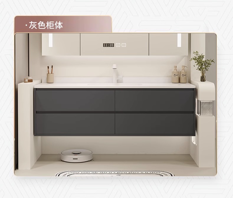 Tủ phòng tắm Nội thất thông minh Phong cách kem Ánh sáng sang trọng Bảng đá Chậu rửa mặt Liền mạch Rửa tay bằng gốm sứ Mặt tủ